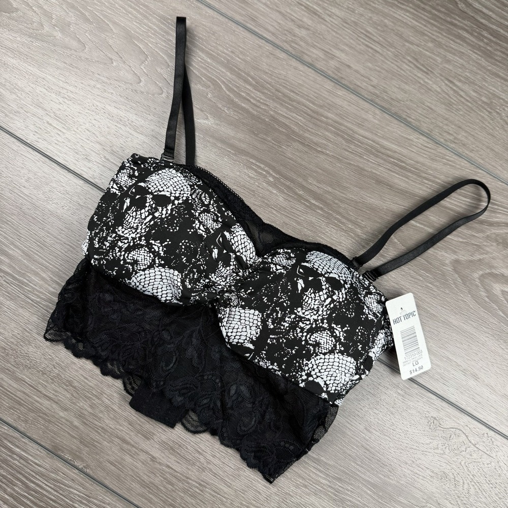 Hot Topic Women's Lace Trim Skulls Bralette Black Size Large New